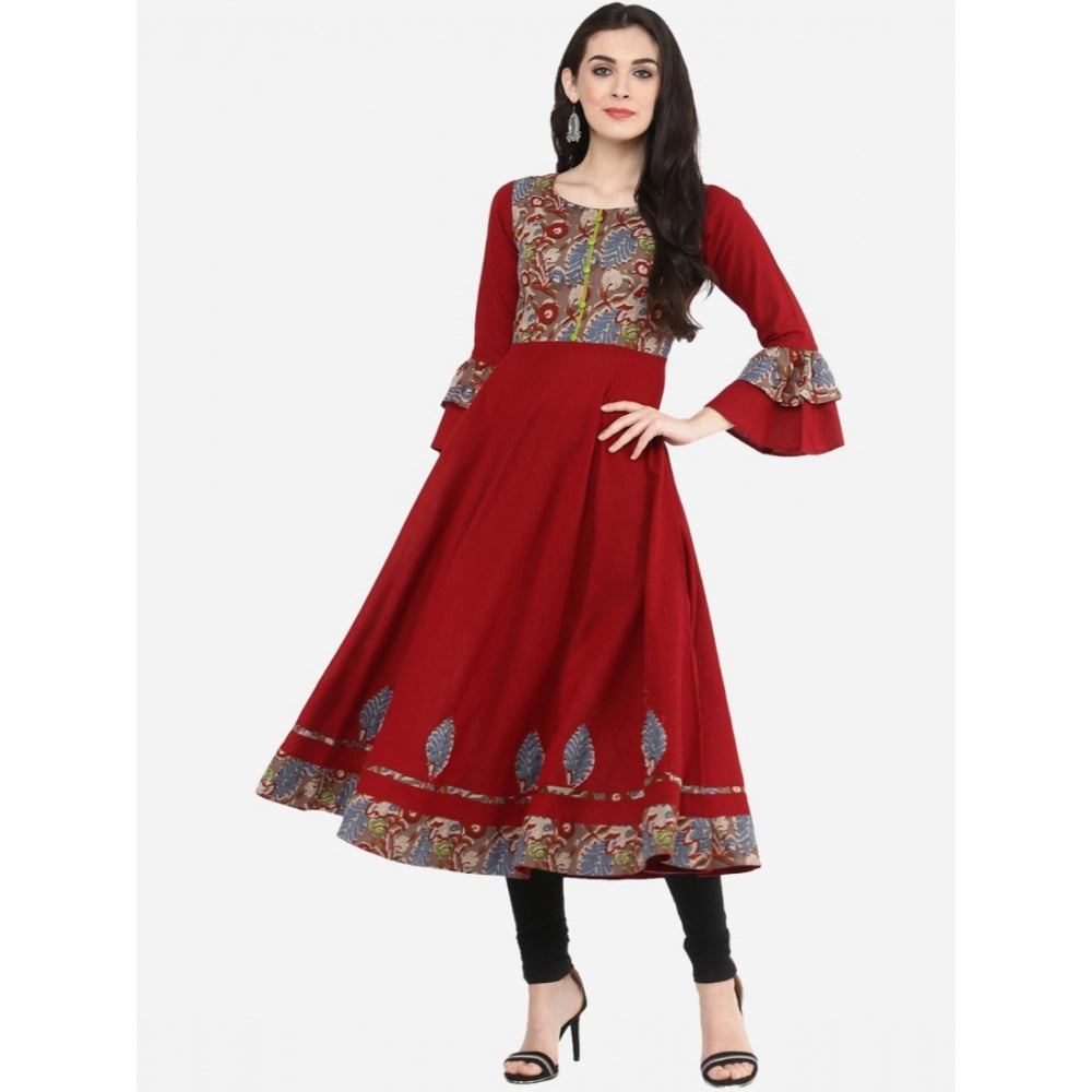 Generic Women's Casual Bell Sleeves Printed Cotton Kurti (Maroon)