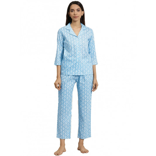 Generic Women's Casual 3/4 th Sleeve Floral Printed Rayon Shirt With Pyjama Pant Night Suit Set (Blue)