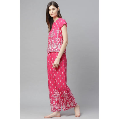 Generic Women's Casual Short Sleeve Printed Rayon Pajama Set (Pink)