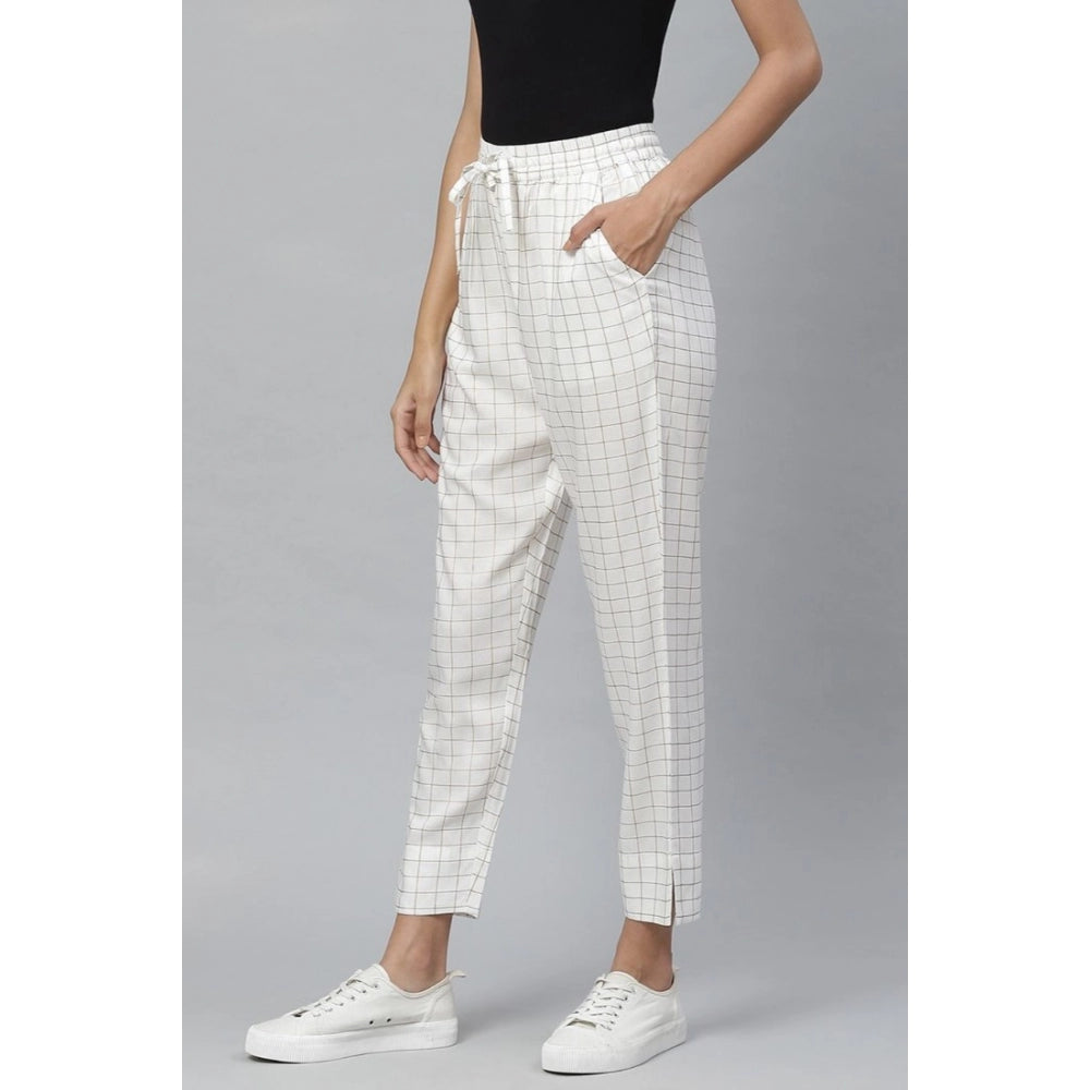 Generic Women's Casual Checked Rayon Trouser Pant (White)