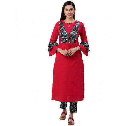 Generic Women's Casual Bell Sleeves Floral Printed Cotton Kurti Set (Rani Pink)