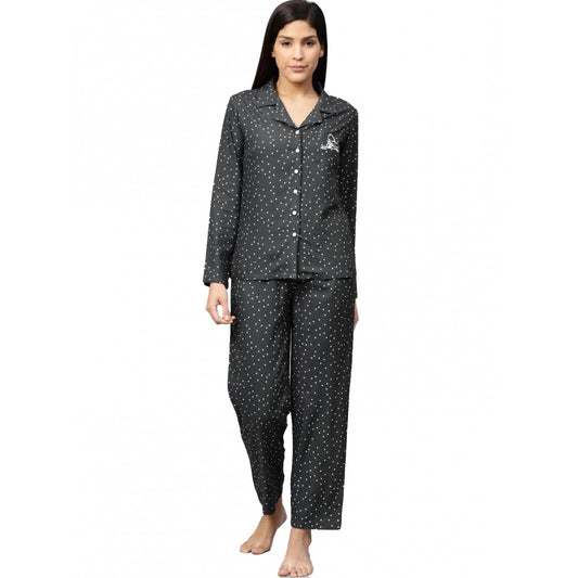 Generic Women's Casual Full Sleeves Polka Dot Printed Rayon Shirt With Pyjama Pant Night Suit Set (Grey)