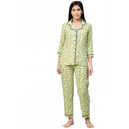 Generic Women's Casual 3/4 Sleeve Floral Printed Rayon Shirt With Pyjama Pant Night Suit Set (Green)