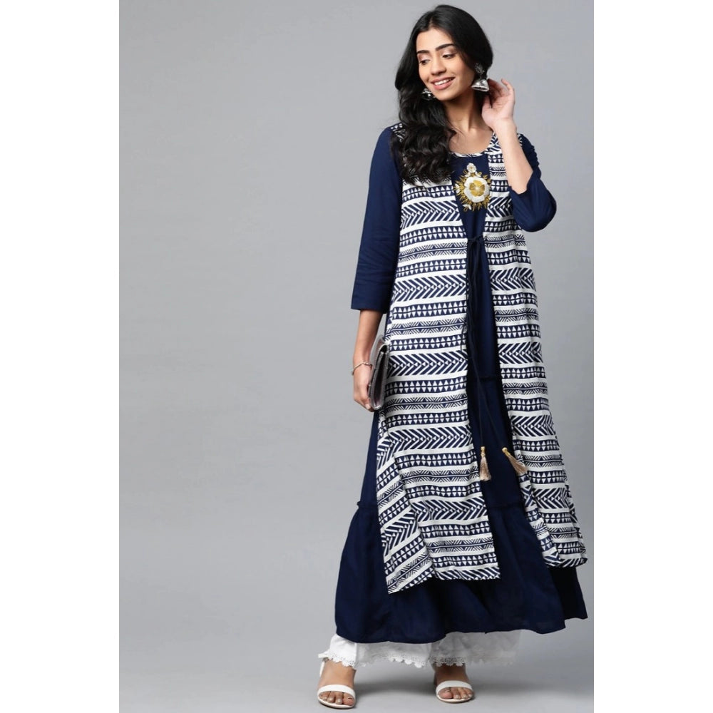 Generic Women's Casual 3/4 th Sleeve Geometric Rayon Kurti (Navy Blue)