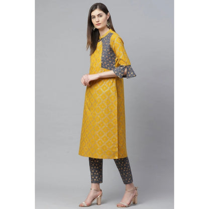 Generic Women's Casual Bell Sleeves Geomatrical Printed Cotton Kurti Set (Yellow)