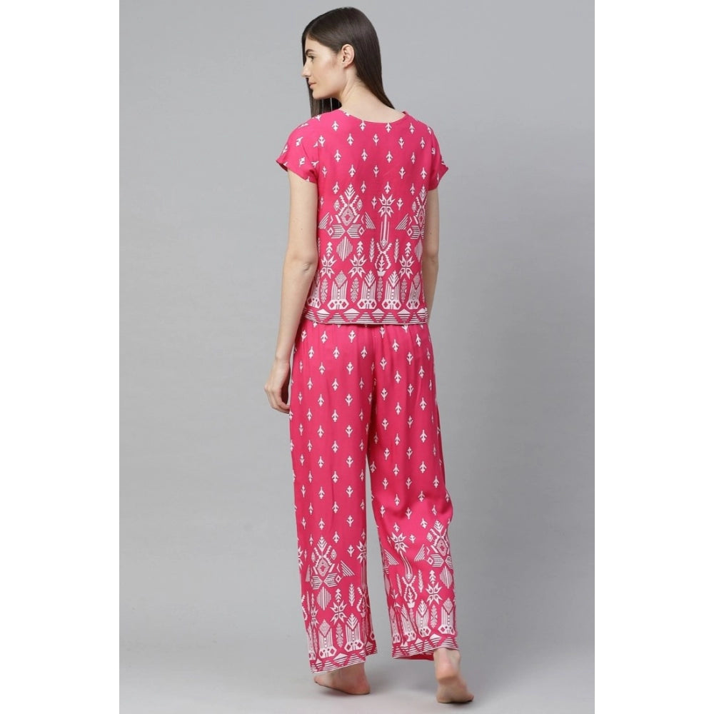 Generic Women's Casual Short Sleeve Printed Rayon Pajama Set (Pink)