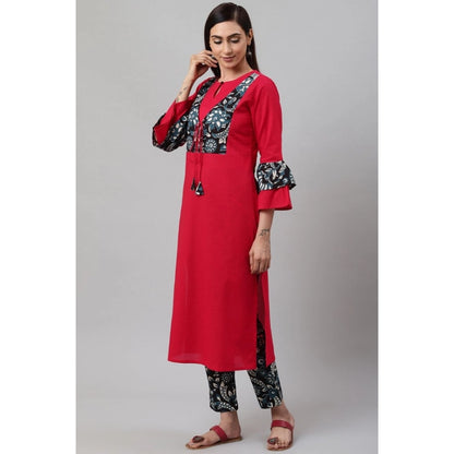 Generic Women's Casual Bell Sleeves Floral Printed Cotton Kurti Set (Rani Pink)