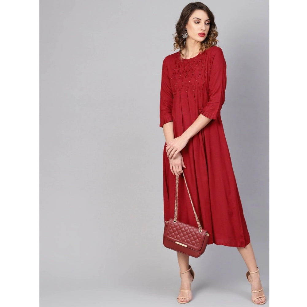 Generic Women's Casual 3/4 th Sleeve Solid Rayon Dobby Dress (Maroon)