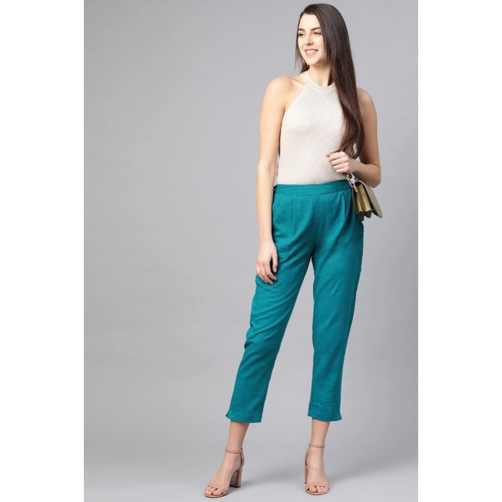 Generic Women's Casual Solid Cotton Slub Trouser Pant (Rama Blue)