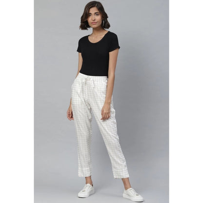 Generic Women's Casual Checked Rayon Trouser Pant (White)