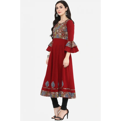 Generic Women's Casual Bell Sleeves Printed Cotton Kurti (Maroon)