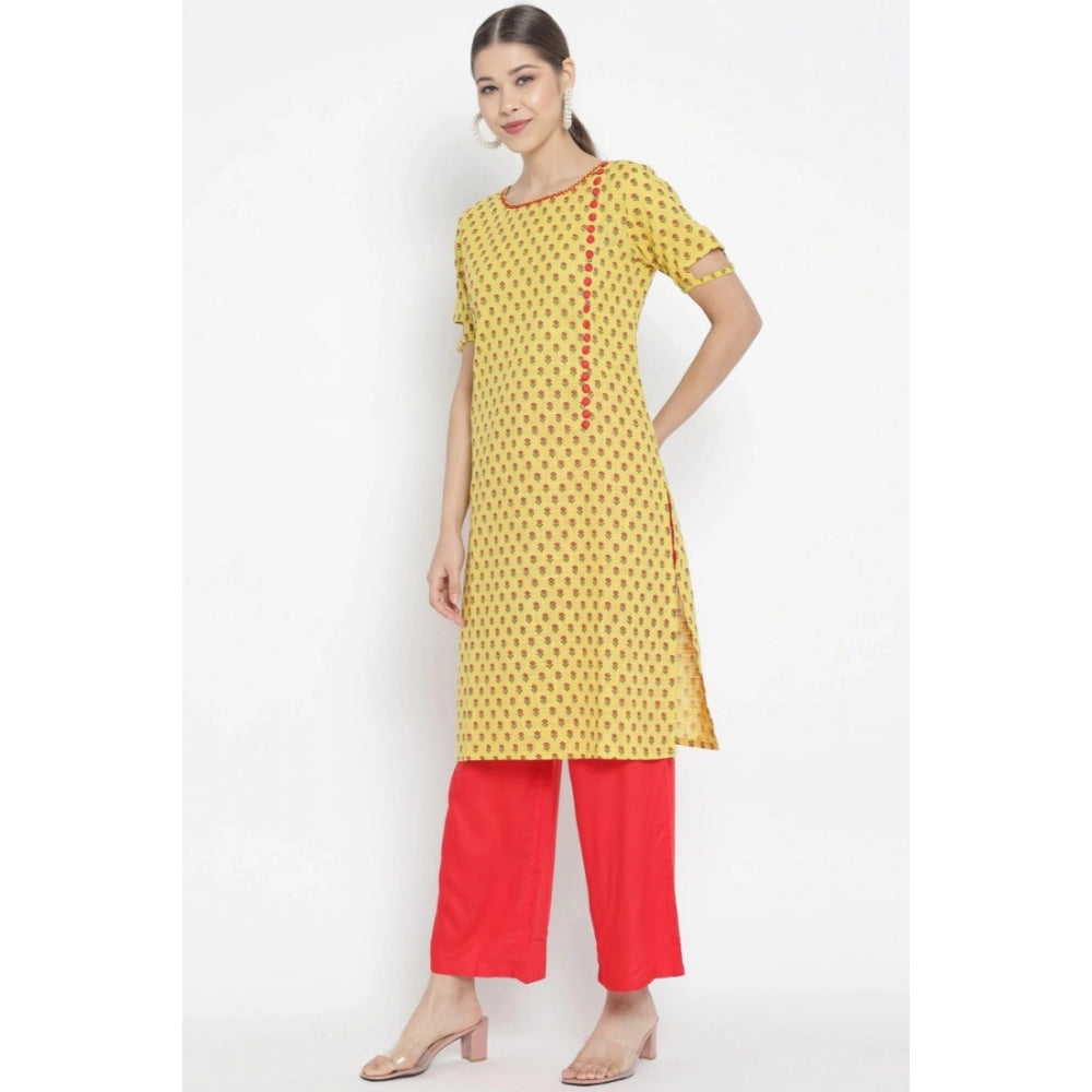 Generic Women's Casual Short Sleeves Floral Printed Cotton &amp; Rayon Kurti Palazzo Set (Yellow &amp; Red)