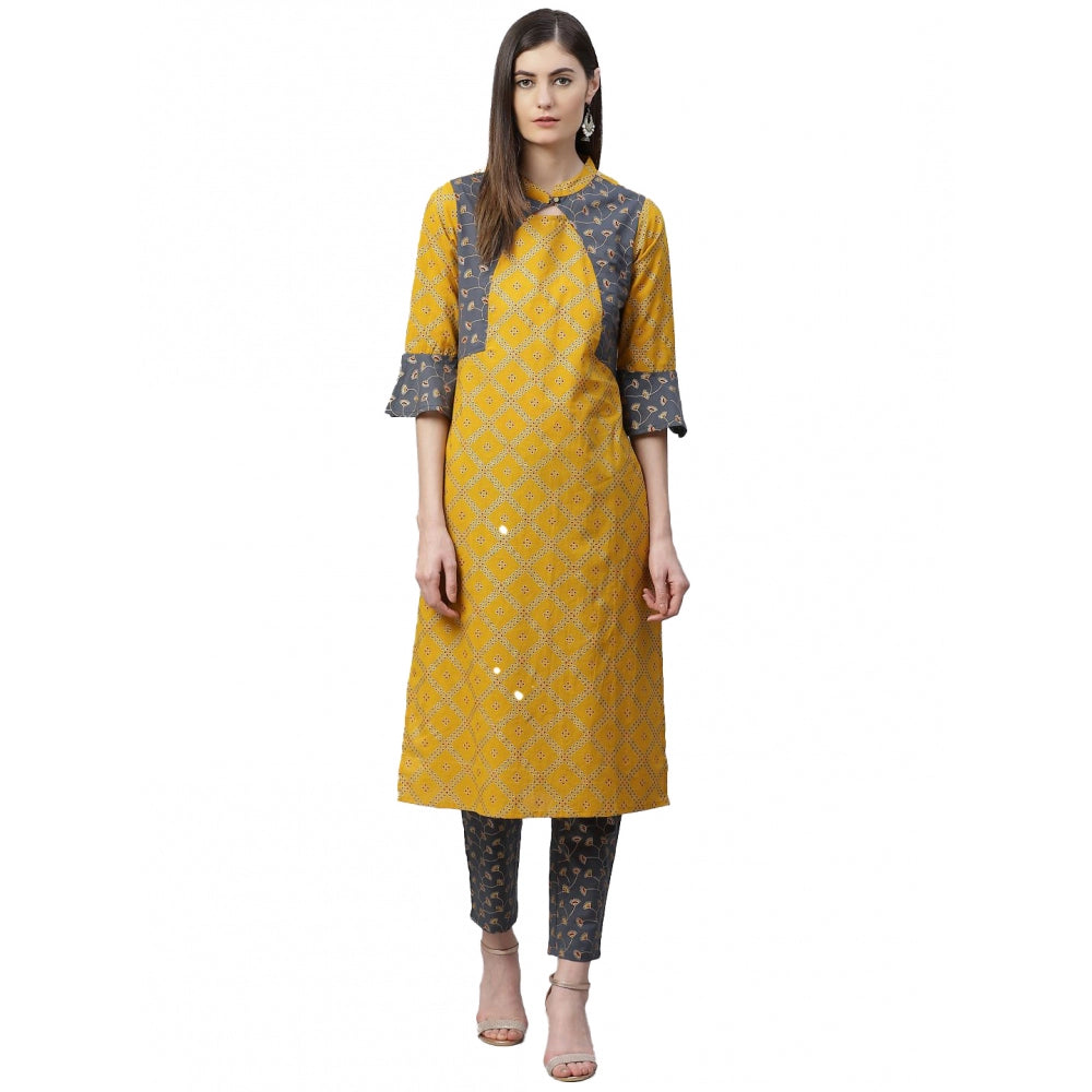 Generic Women's Casual Bell Sleeves Geomatrical Printed Cotton Kurti Set (Yellow)