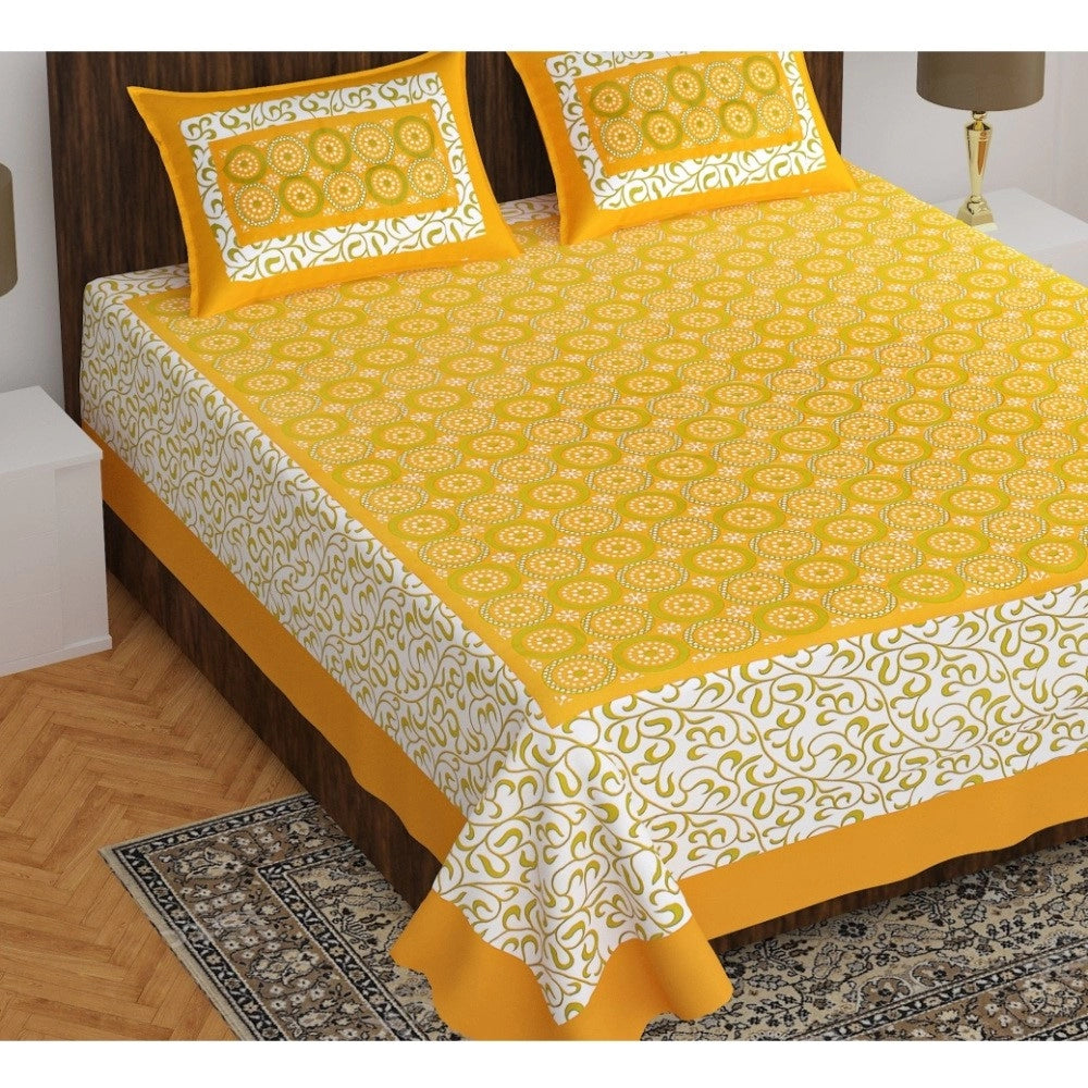 Generic Cotton Printed Queen Size Bedsheet With 2 Pillow Covers (Mustard, 90x100 Inch)