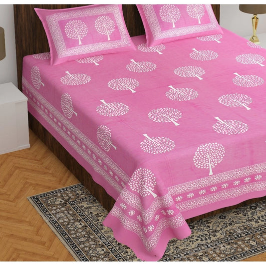 Generic Cotton Printed Queen Size Bedsheet With 2 Pillow Covers (Pink, 90x100 Inch)