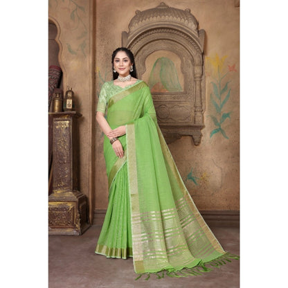 Generic Women's Soft Linen Striped Saree With Unstitched Blouse (Green, 5-6 Mtrs)