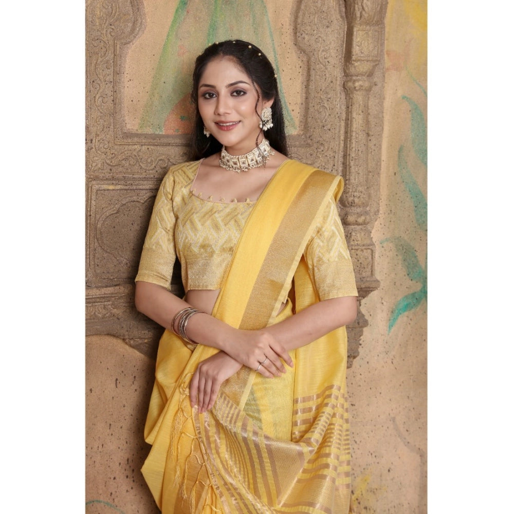 Generic Women's Soft Linen Striped Saree With Unstitched Blouse (Yellow, 5-6 Mtrs)