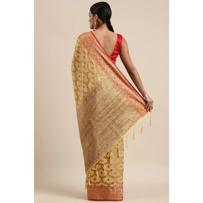 Generic Women's Chanderi Cotton Printed Saree With Unstitched Blouse (Yellow, 5-6 Mtrs)