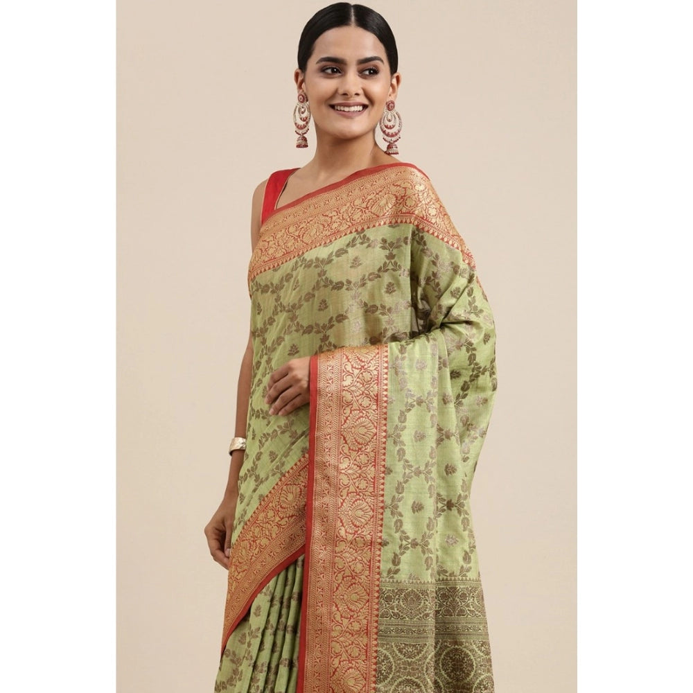 Generic Women's Chanderi Cotton Printed Saree With Unstitched Blouse (Pista, 5-6 Mtrs)