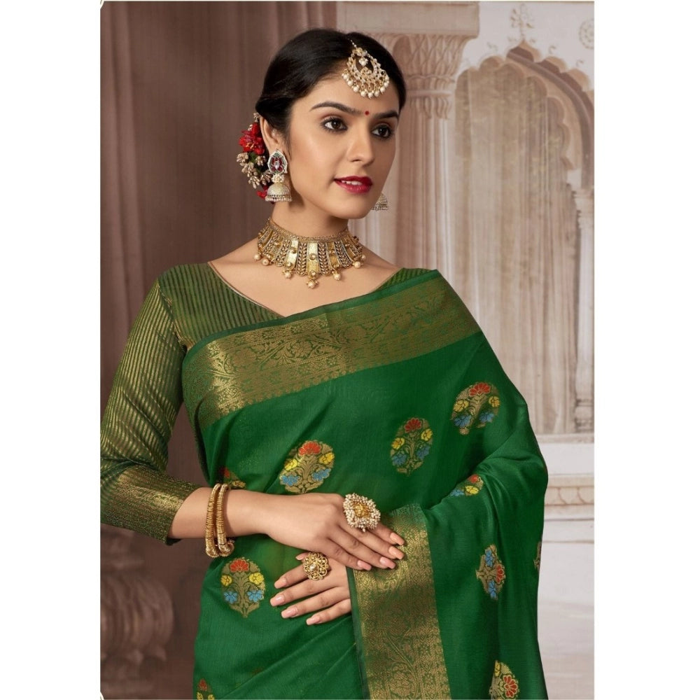 Generic Women's Linen Printed Saree With Unstitched Blouse (Dark Green, 5-6 Mtrs)