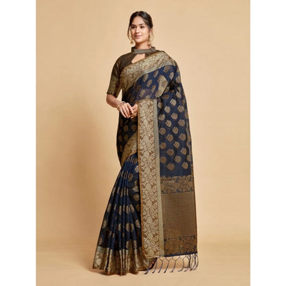 Generic Women's Chanderi Cotton Printed Saree With Unstitched Blouse (Navy, 5-6 Mtrs)