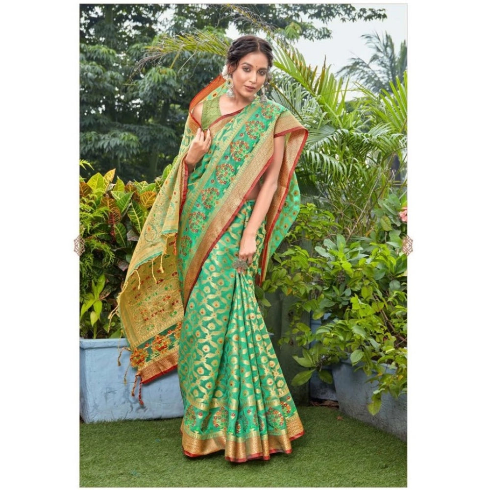 Generic Women's Organza Printed Saree With Unstitched Blouse (Green, 5-6 Mtrs)