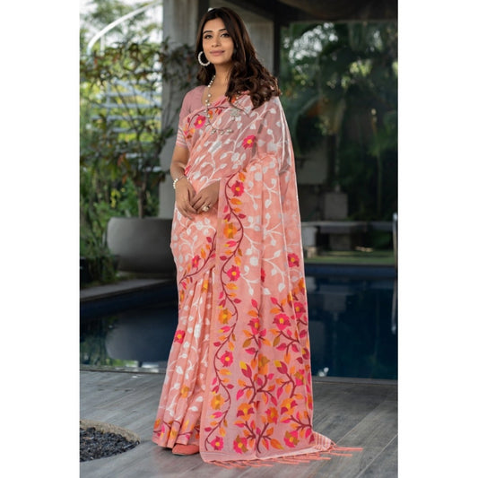 Generic Women's Cotton Printed Saree With Unstitched Blouse (Peach, 5-6 Mtrs)