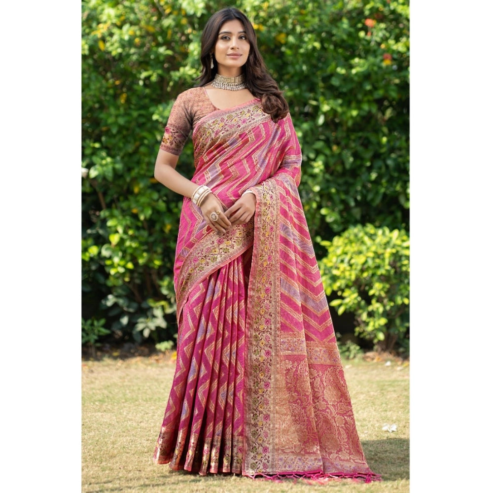 Generic Women's Organza Printed Saree With Unstitched Blouse (Pink, 5-6 Mtrs)