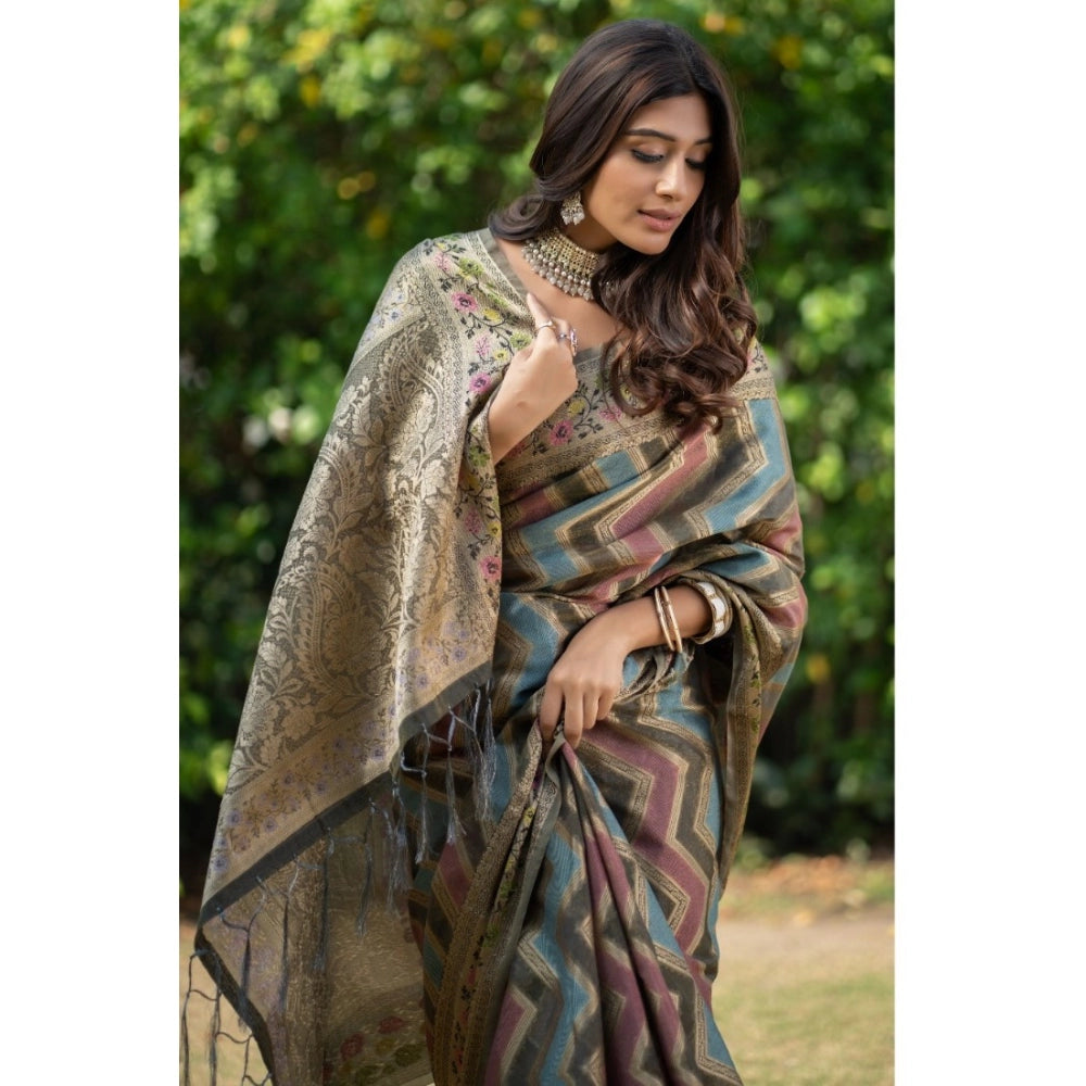 Generic Women's Organza Printed Saree With Unstitched Blouse (Grey, 5-6 Mtrs)