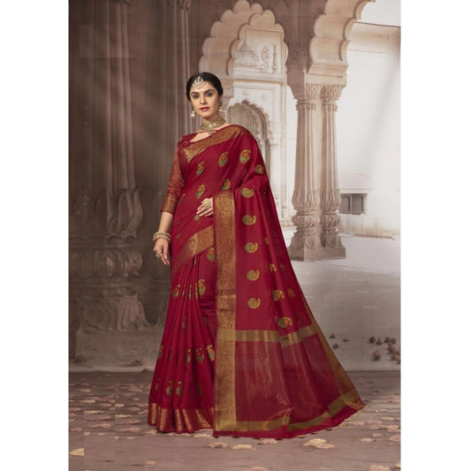 Generic Women's Chanderi Cotton Printed Saree With Unstitched Blouse (Red, 5-6 Mtrs)