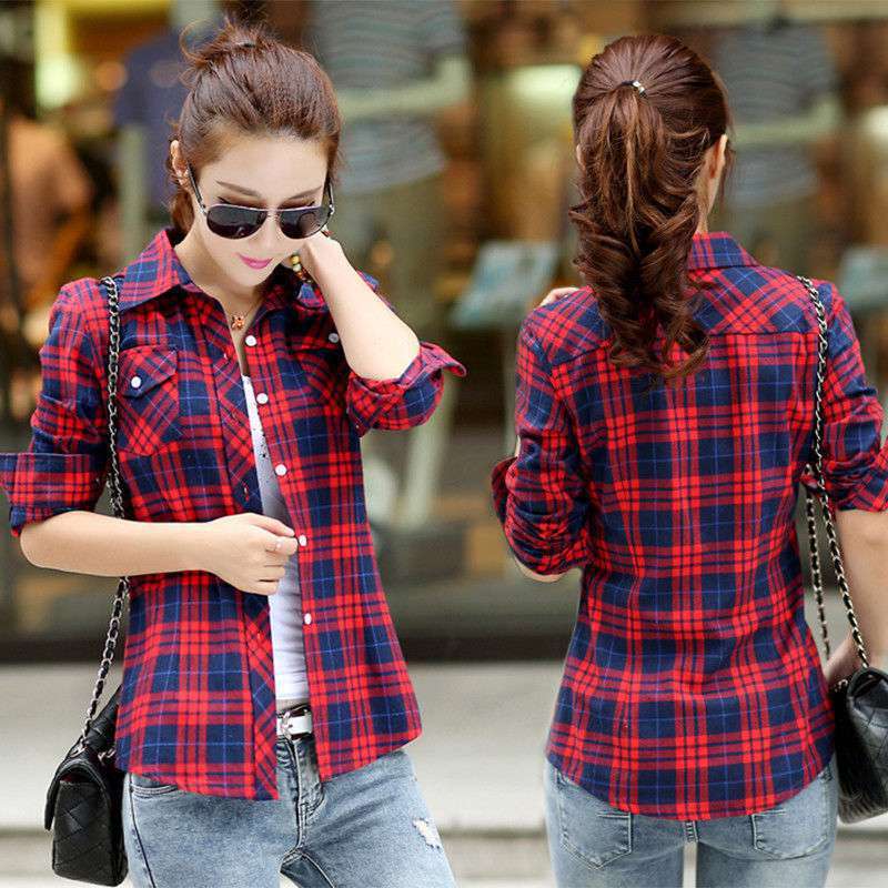 All-match Student Korean Style Loose-fitting Female Plaid Shirt On The Outside