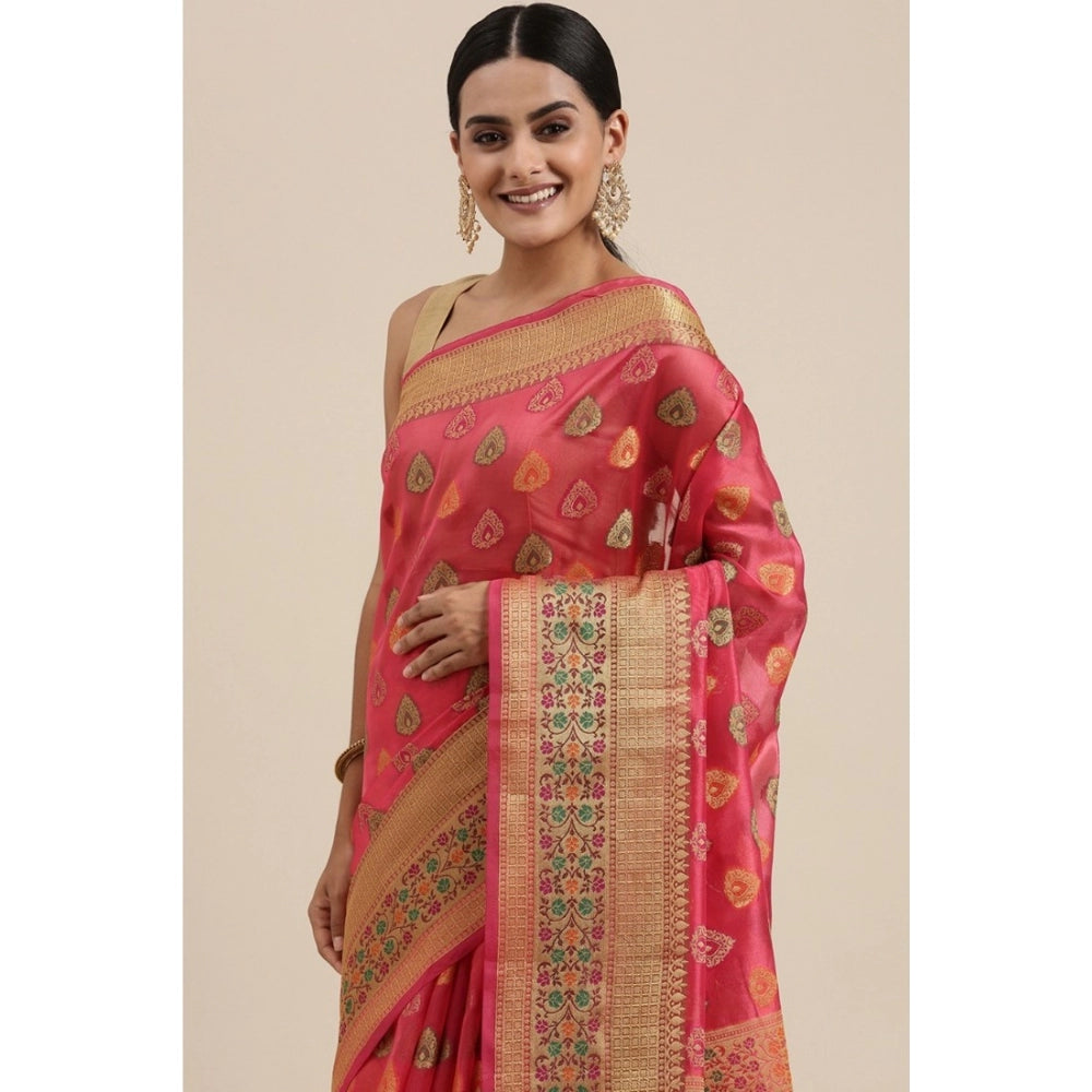 Generic Women's Organza Printed Saree With Unstitched Blouse (Pink, 5-6 Mtrs)