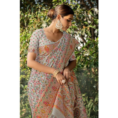 Generic Women's Linen Printed Saree With Unstitched Blouse (Off-White, 5-6 Mtrs)