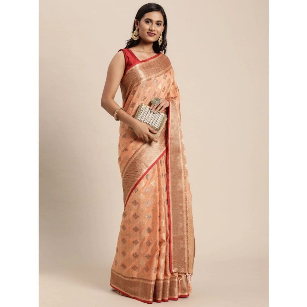 Generic Women's Chanderi Cotton Printed Saree With Unstitched Blouse (Orange, 5-6 Mtrs)