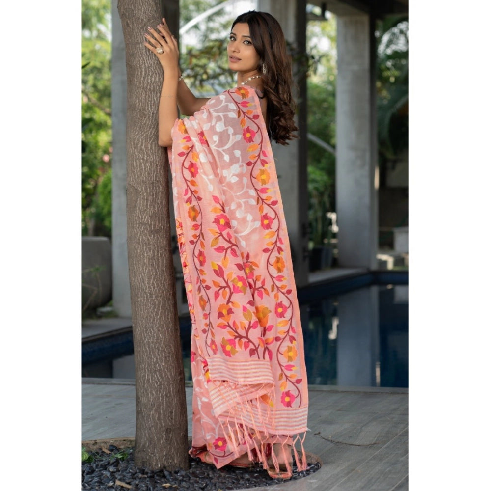 Generic Women's Cotton Printed Saree With Unstitched Blouse (Peach, 5-6 Mtrs)