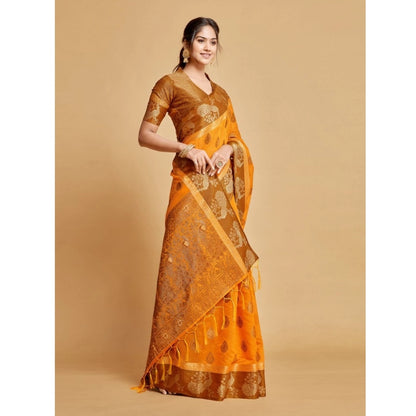 Generic Women's Organza Printed Saree With Unstitched Blouse (Mustard, 5-6 Mtrs)