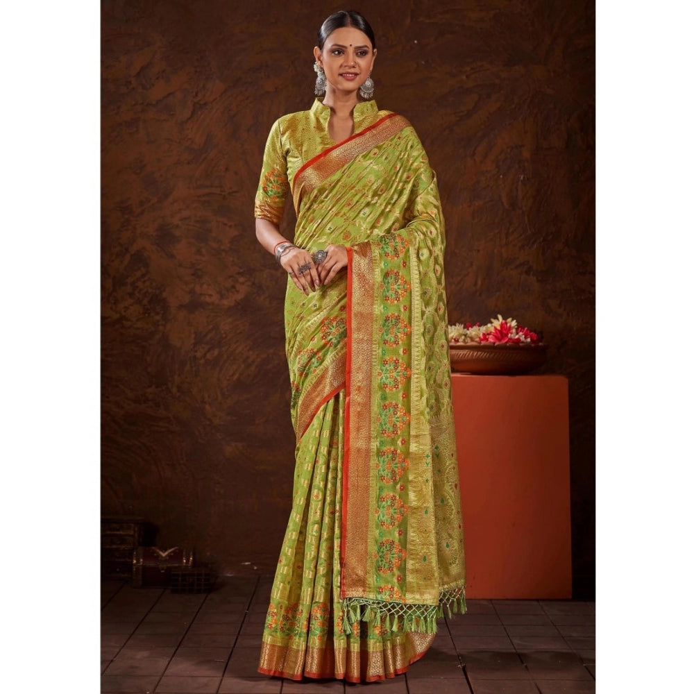 Generic Women's Organza Printed Saree With Unstitched Blouse (Parrot Green, 5-6 Mtrs)