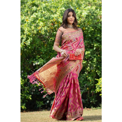 Generic Women's Organza Printed Saree With Unstitched Blouse (Pink, 5-6 Mtrs)