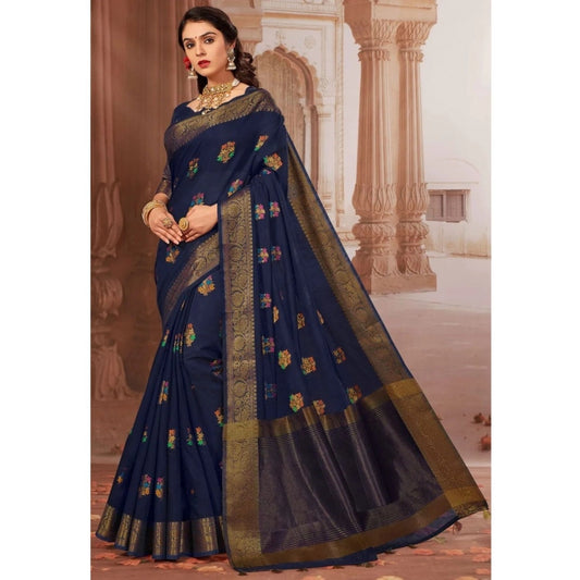 Generic Women's Chanderi Cotton Printed Saree With Unstitched Blouse (Navy Blue, 5-6 Mtrs)