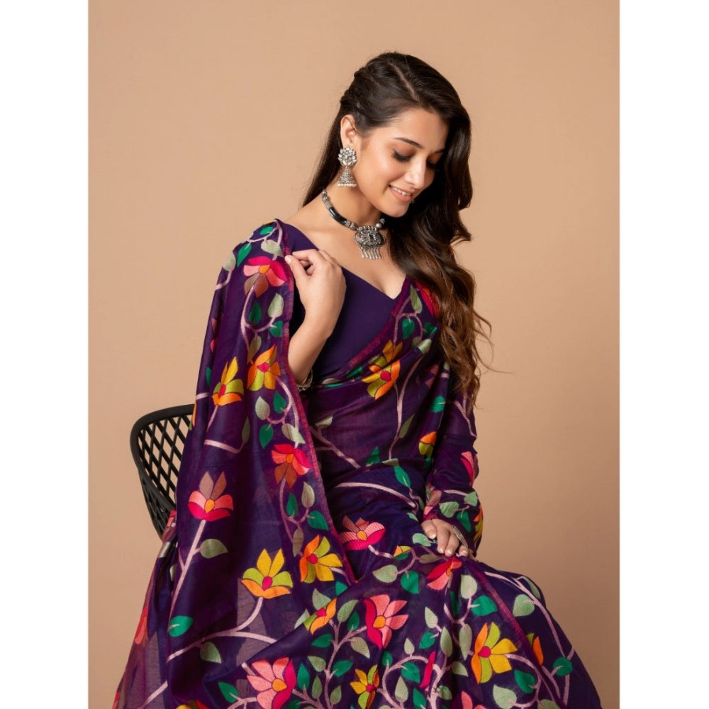 Generic Women's Cotton Printed Saree With Unstitched Blouse (Wine, 5-6 Mtrs)