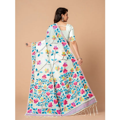 Generic Women's Cotton Printed Saree With Unstitched Blouse (White, 5-6 Mtrs)