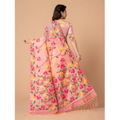 Generic Women's Cotton Printed Saree With Unstitched Blouse (Pink, 5-6 Mtrs)