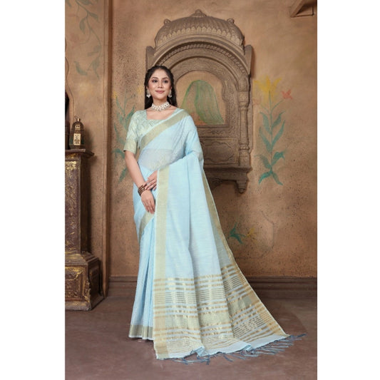 Generic Women's Soft Linen Striped Saree With Unstitched Blouse (Sky Blue, 5-6 Mtrs)