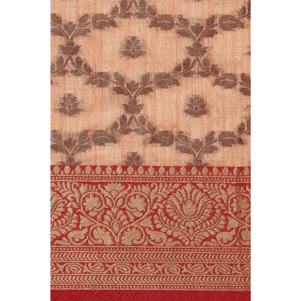 Generic Women's Chanderi Cotton Printed Saree With Unstitched Blouse (Peach, 5-6 Mtrs)