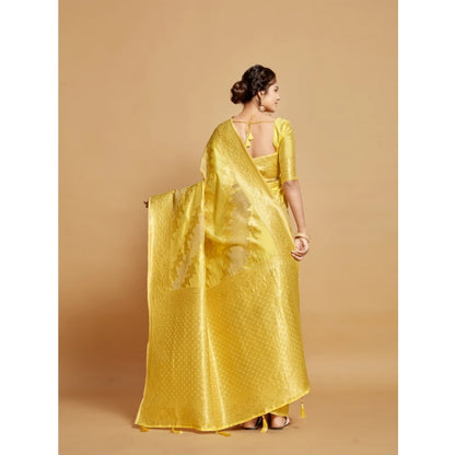 Generic Women's Linen Printed Saree With Unstitched Blouse (Yellow, 5-6 Mtrs)