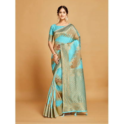 Generic Women's Linen Printed Saree With Unstitched Blouse (Sky Blue, 5-6 Mtrs)