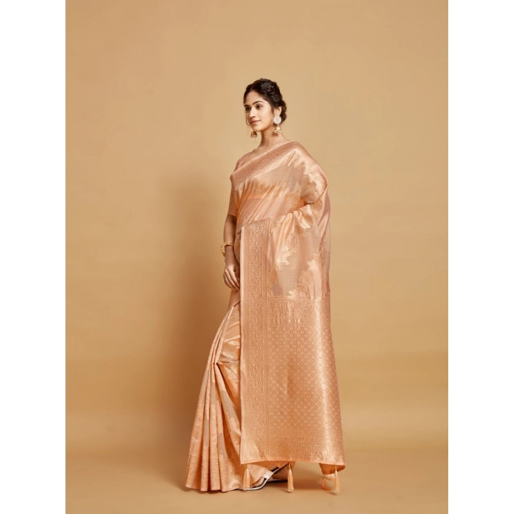 Generic Women's Linen Printed Saree With Unstitched Blouse (Peach, 5-6 Mtrs)