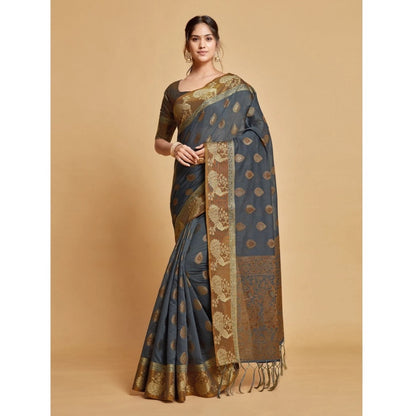 Generic Women's Organza Printed Saree With Unstitched Blouse (Grey, 5-6 Mtrs)