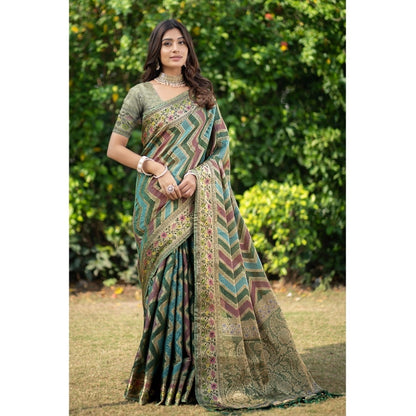 Generic Women's Organza Printed Saree With Unstitched Blouse (Green, 5-6 Mtrs)