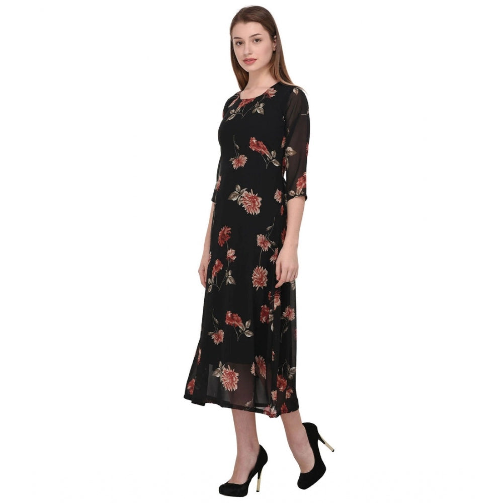 Generic Women's Cotton Blend Floral 3-4 Sleeve Dress (Black)